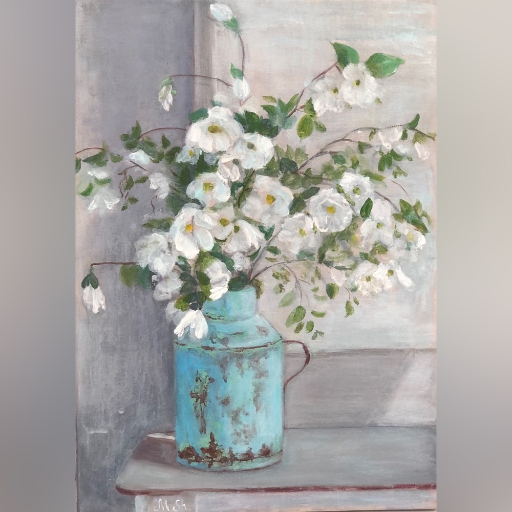 Original art “White bouquet” oil painting. Rustic Blue Floral Vase Painting